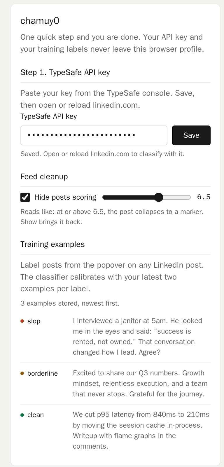 The chamuy0 settings page: API key field, hide threshold slider set to 6.5, and three training examples.